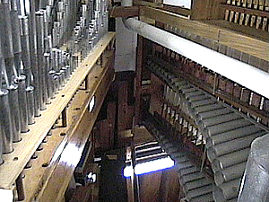 Vox Humana (left) and Marimba/Harp (right); tops of the wooden pipes in the bottom rear are the 16' Diaphones.