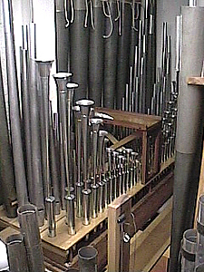 Saxophone pipes in foreground made by Trivo reeds in Maryland especially for this organ.  Funds were provided by Lyn Larson.